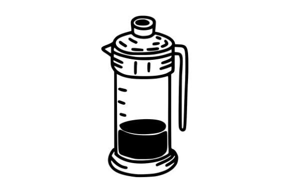 Coffee Press and Hand Drawn Illustration of French Press Coffee Maker in Black and White Style
