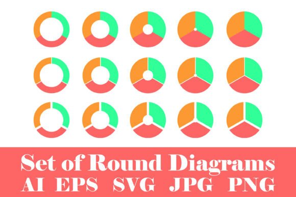 Set of Round Diagrams with 3 Parts and Pie and Donut Charts Set
